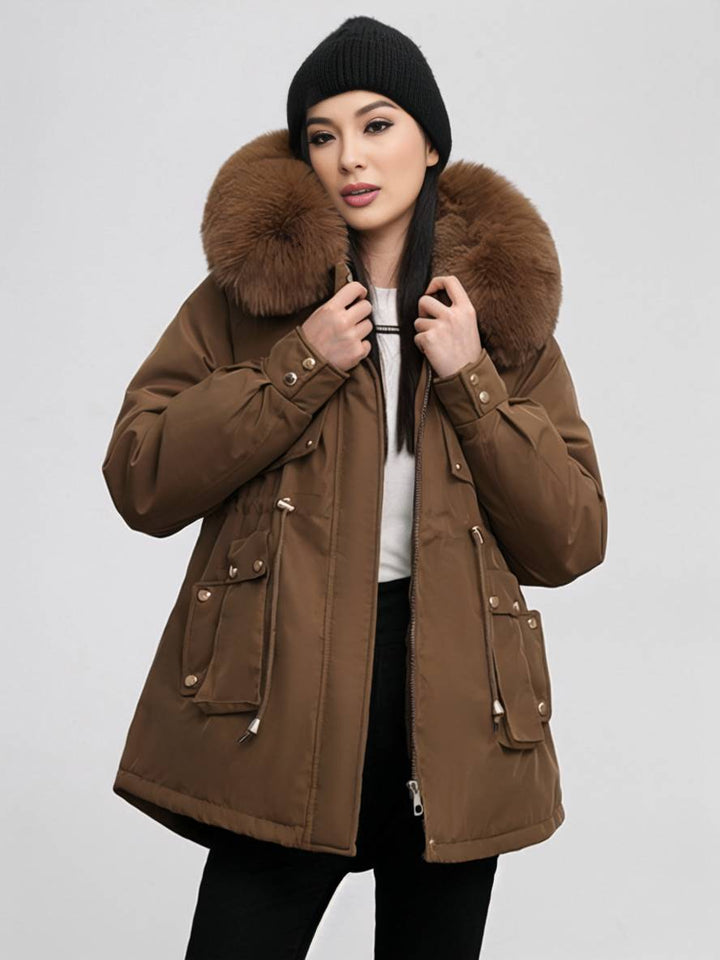 Levoire | Parka Moyen Avec Capuche Poches Fermeture Éclair Manches Longues Femme Décontracté Oversized Loisirs Hiver Doudoune