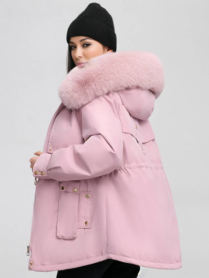 Levoire | Parka Moyen Avec Capuche Poches Fermeture Éclair Manches Longues Femme Décontracté Oversized Loisirs Hiver Doudoune Rosa