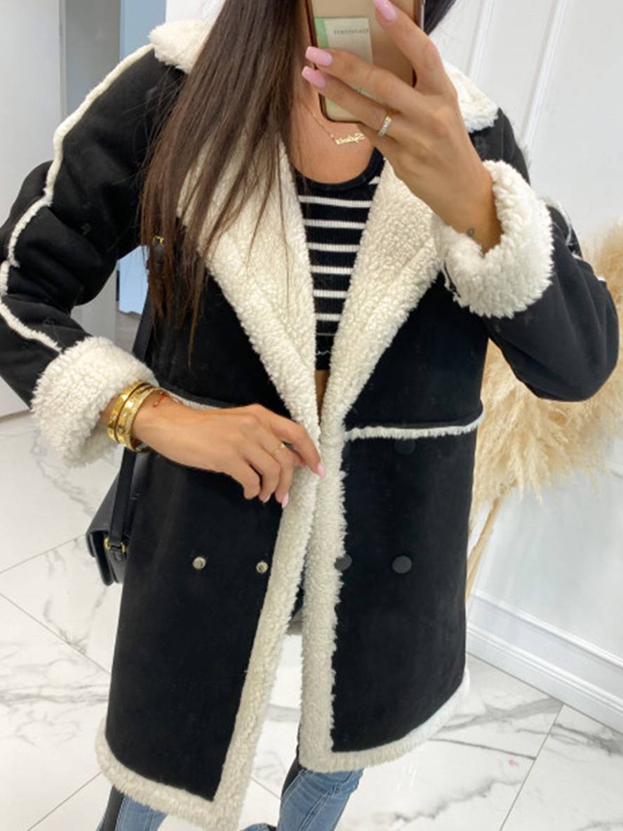 Levoire | Manteau Pilote Mi-Long En Suédine Doublure Intérieure Double Bouton Col Femmes Grande Taille Manteau D'Hiver Noir