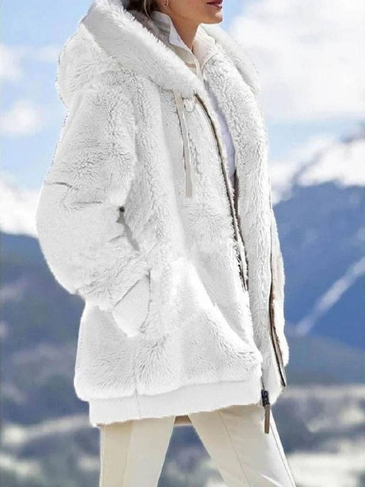 Levoire | Manteau À Capuche Uni Doublé En Polaire Fermeture Éclair Poches Manches Longues Élégant Large Veste Blanc