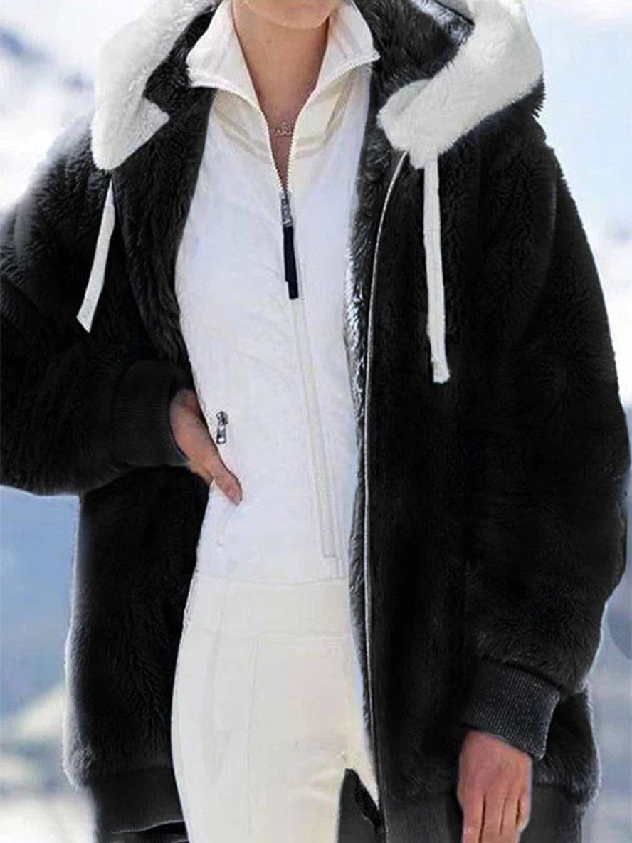 Levoire | Manteau À Capuche Uni Doublé En Polaire Fermeture Éclair Poches Manches Longues Élégant Large Veste Noir
