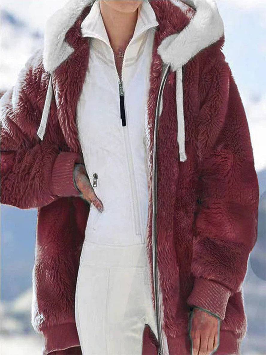 Levoire | Manteau À Capuche Uni Doublé En Polaire Fermeture Éclair Poches Manches Longues Élégant Large Veste Rot