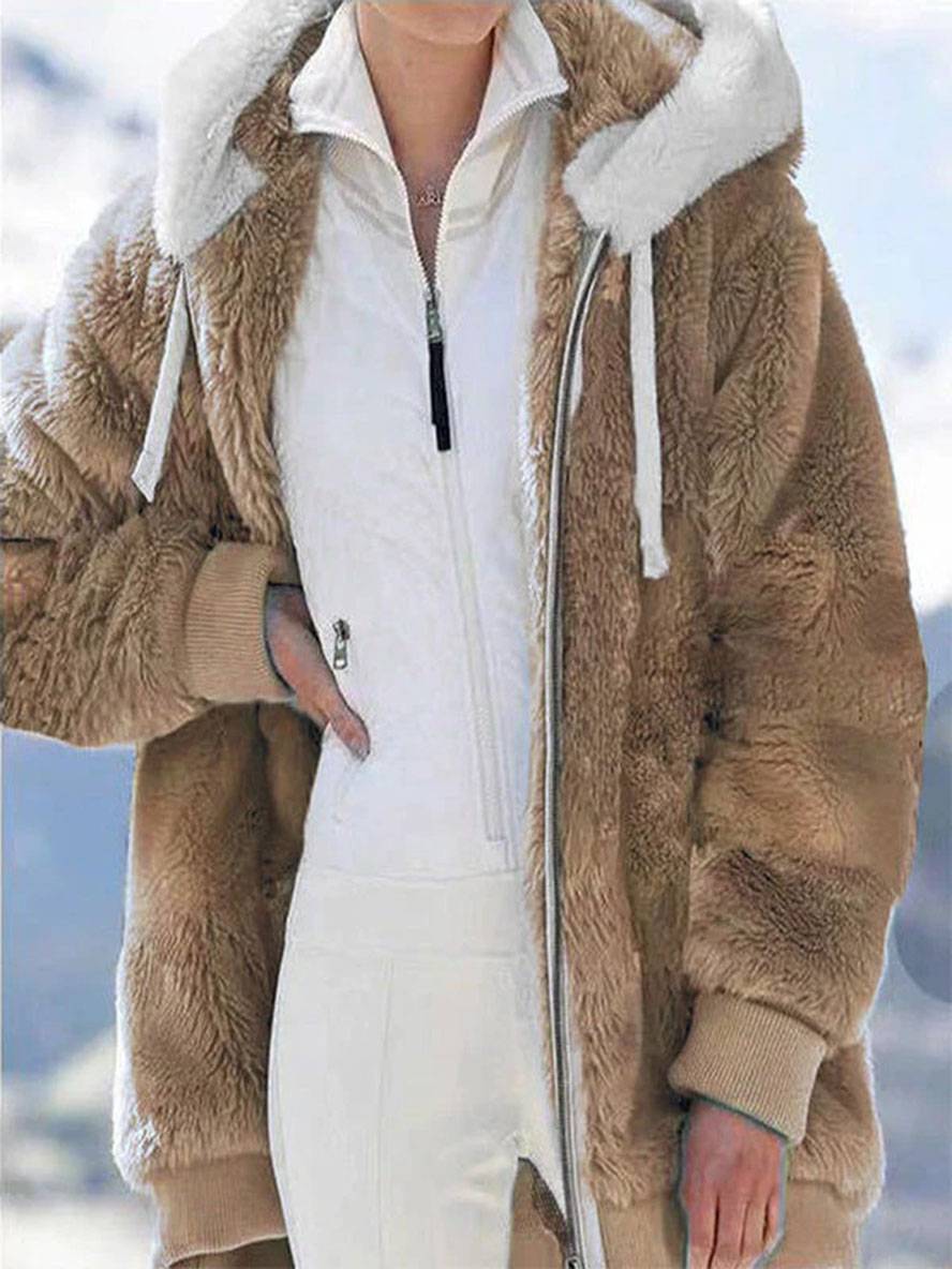 Levoire | Manteau À Capuche Uni Doublé En Polaire Fermeture Éclair Poches Manches Longues Élégant Large Veste Khaki