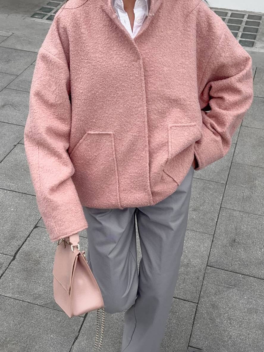 Levoire | Veste Courte Unie En Polaire Avec Boutons, Poches, Col Montant Pour Femmes, Élégante Et Décontractée, Douce Rose
