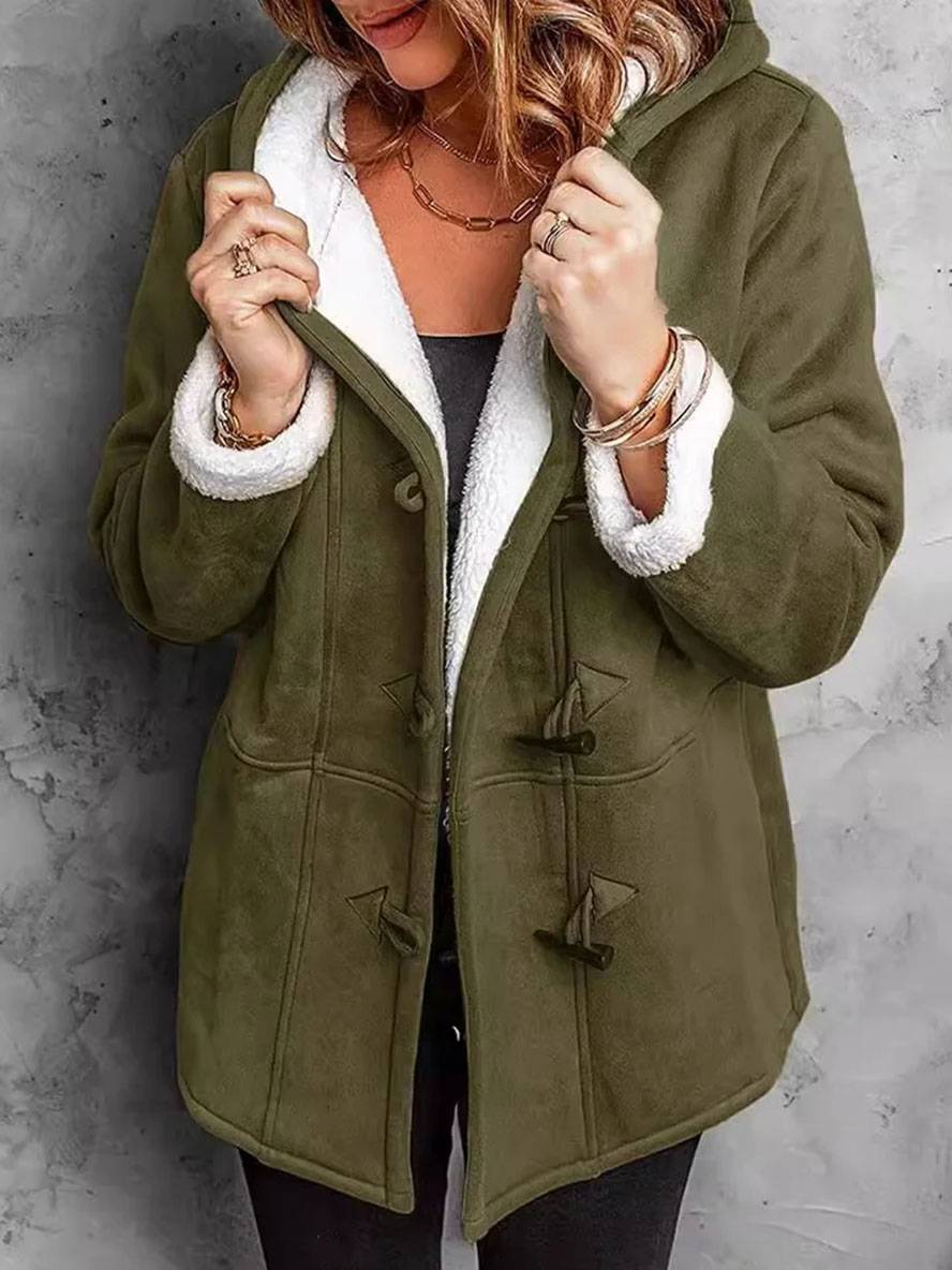 Levoire | Manteau Mi-Long En Suède Polaire Avec Capuche, Boutons, Poches Femme Élégant Décontracté Hiver Parka Vert olive