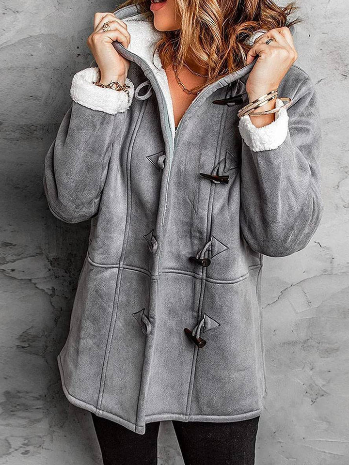 Levoire | Manteau Mi-Long En Suède Polaire Avec Capuche, Boutons, Poches Femme Élégant Décontracté Hiver Parka Gris