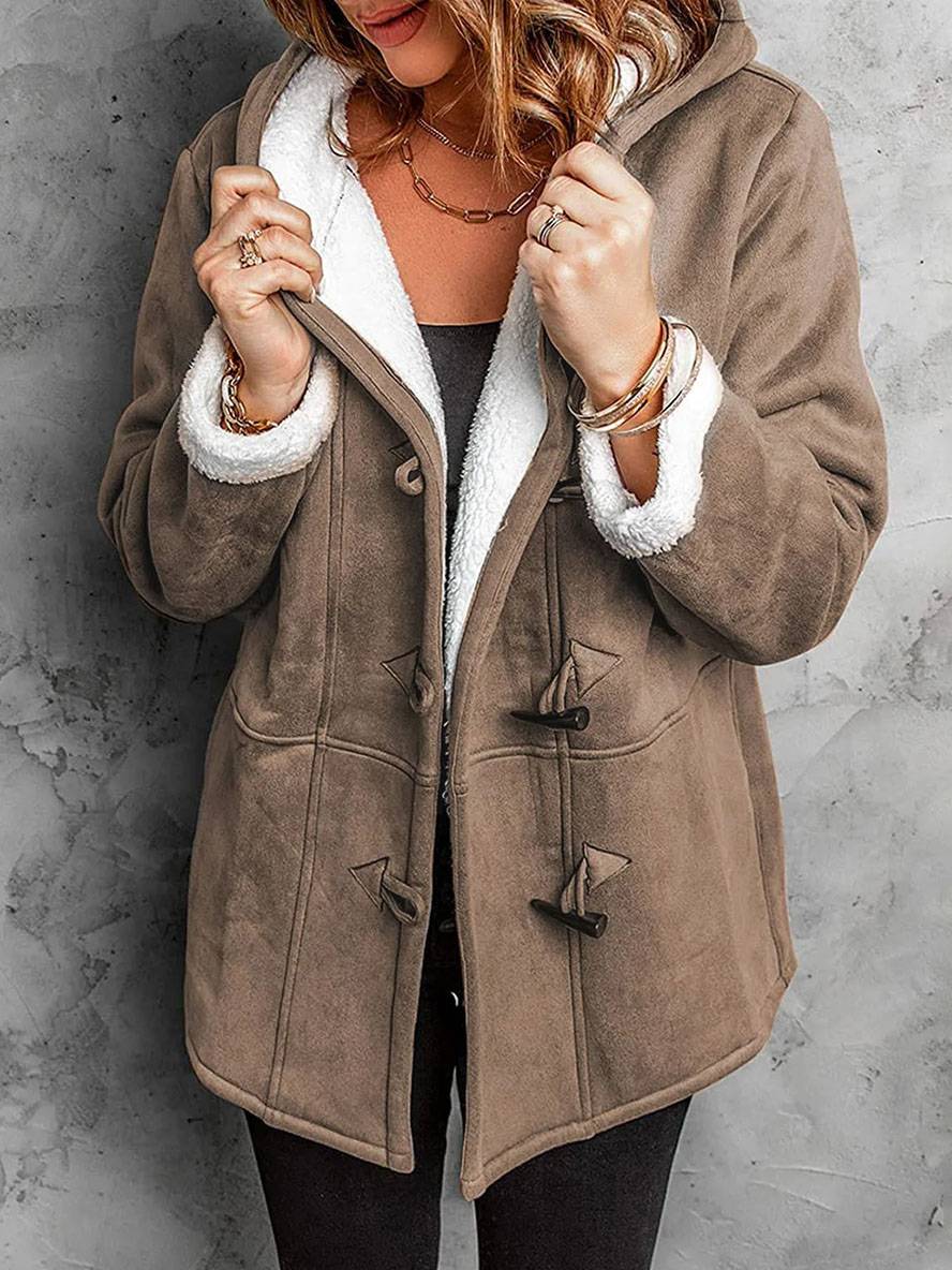 Levoire | Manteau Mi-Long En Suède Polaire Avec Capuche, Boutons, Poches Femme Élégant Décontracté Hiver Parka Braun
