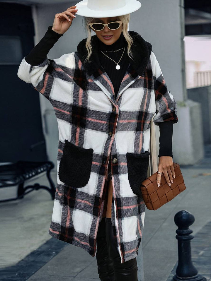 Levoire | Mi-Long Manteau Polaire Carre Sweat À Capuche Boutons Poche Manches Ballon Femmes Décontracté Veste Ample Noir