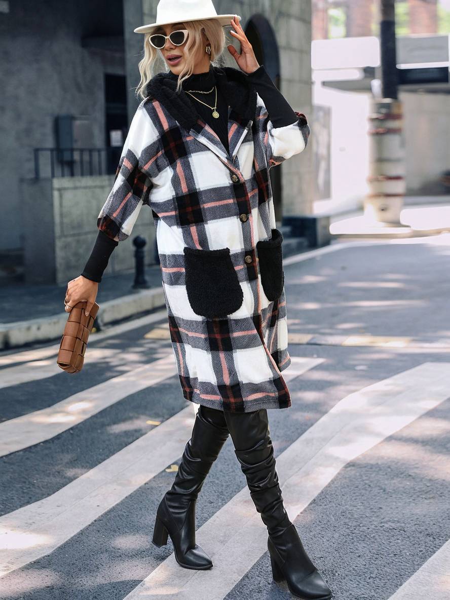 Levoire | Mi-Long Manteau Polaire Carre Sweat À Capuche Boutons Poche Manches Ballon Femmes Décontracté Veste Ample