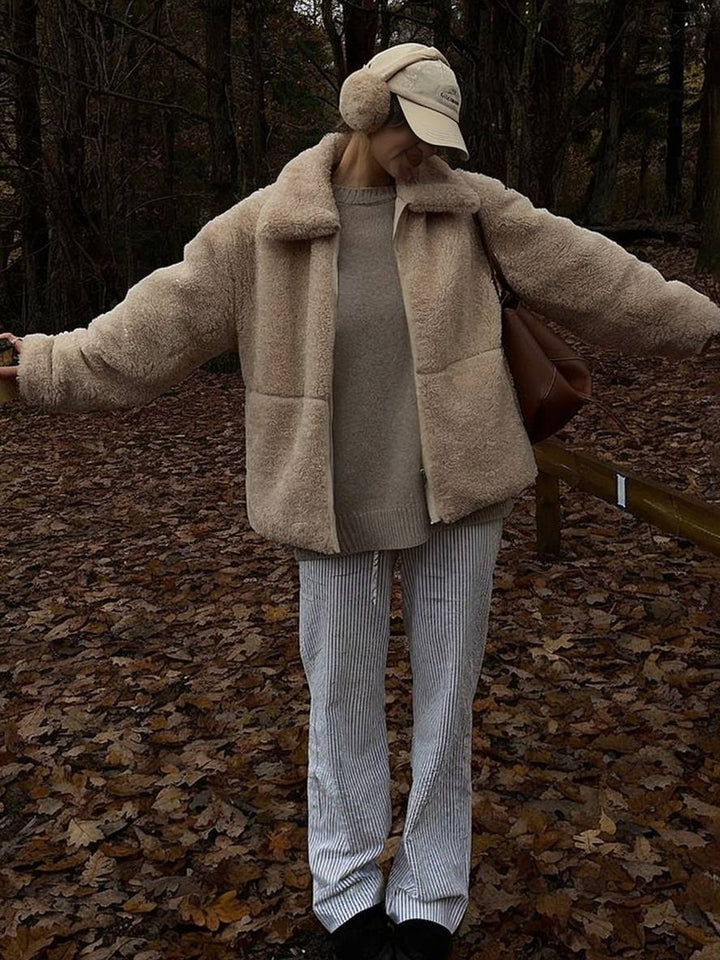 Levoire | Uni-Couleurs Manteau En Fleece Revers Fermeture Éclair Manches Longues Femme Élégante Mode De Loisirs Veste De Loisirs Abricot