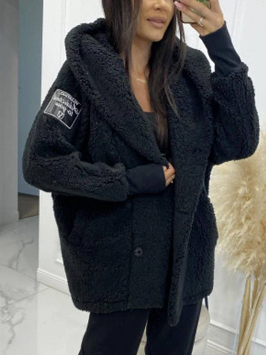 Levoire | Manteau À Capuche Mi-Long Avec Poches À Boutons En Polaire Manches Longues Femme Élégant Décontracté Ample Veste Noir