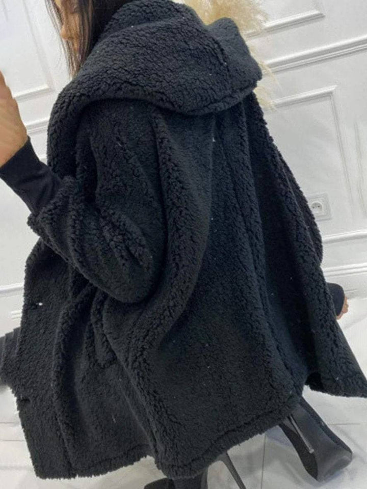 Levoire | Manteau À Capuche Mi-Long Avec Poches À Boutons En Polaire Manches Longues Femme Élégant Décontracté Ample Veste