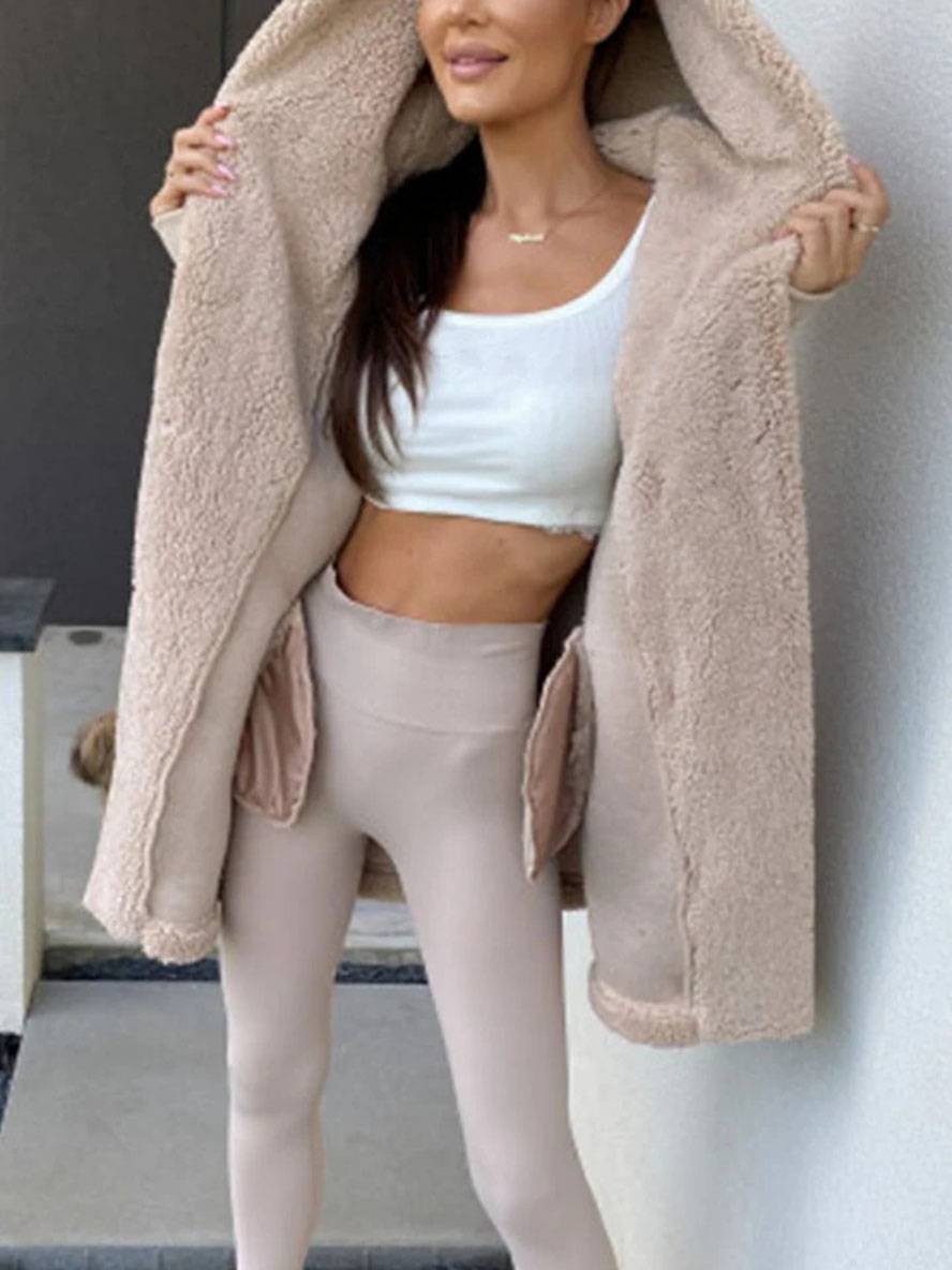 Levoire | Manteau À Capuche Mi-Long Avec Poches À Boutons En Polaire Manches Longues Femme Élégant Décontracté Ample Veste