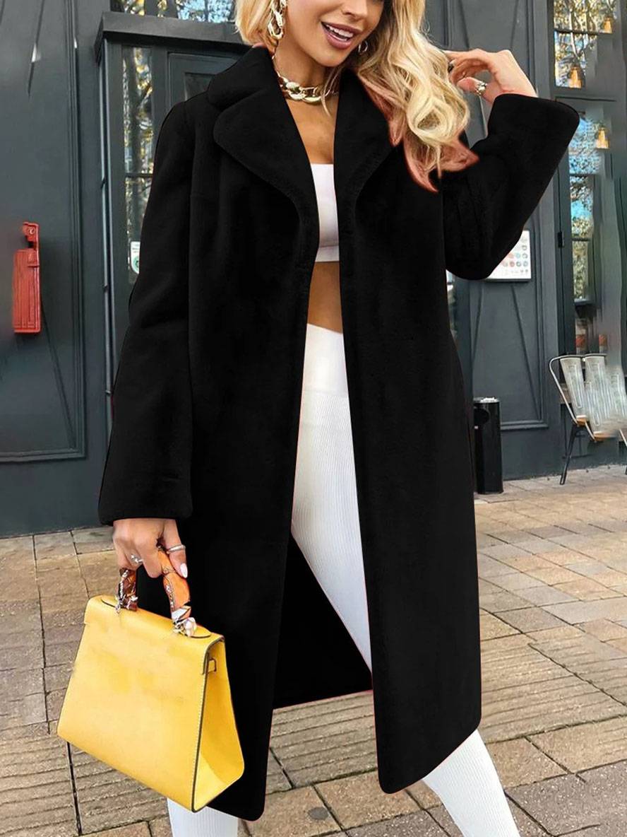 Levoire | Manteau Long Avec Ceinture En Fleece Col Revers Manches Longues Femme Élégant Mode Décontractée Veste D'Hiver Décontractée Noir