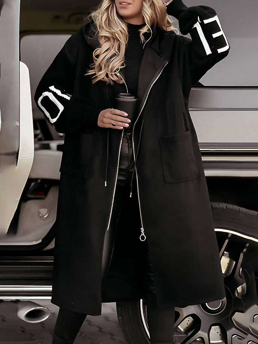 Levoire | Manteau Long Avec Capuche Poches Lettres Manches Longues Pour Femmes Élégant Décontracté Oversized Pull Cardigan