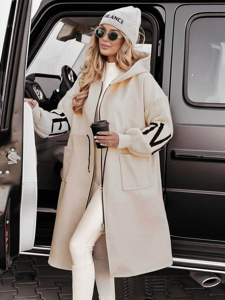Levoire | Manteau Long Avec Capuche Poches Lettres Manches Longues Pour Femmes Élégant Décontracté Oversized Pull Cardigan Abricot