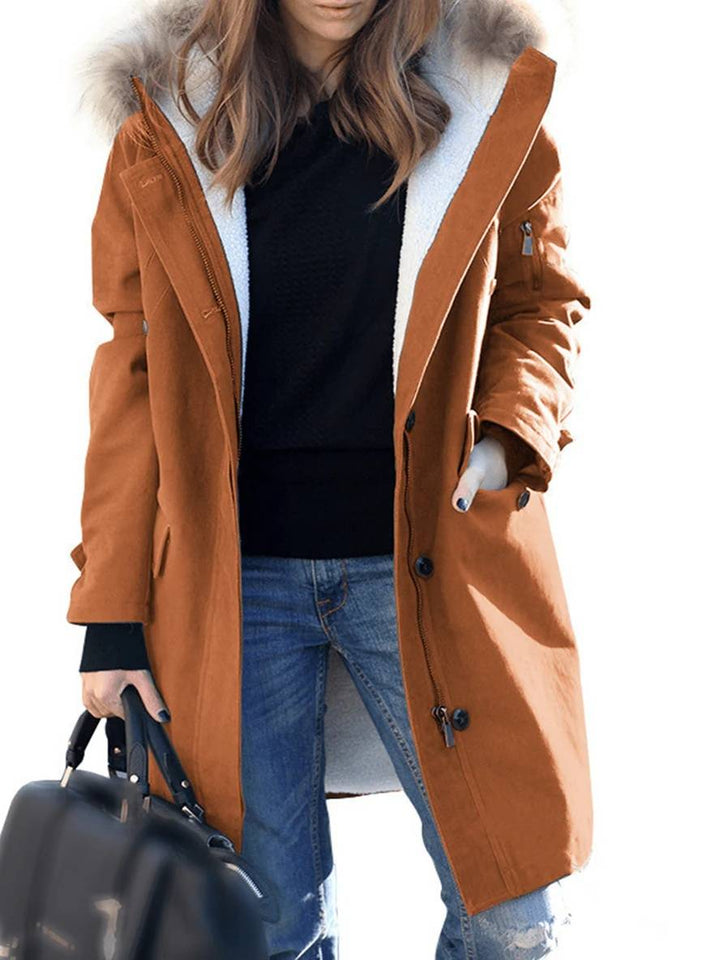 Levoire | Manteau D'Hiver Mi-Long Avec Capuche, Poches, Fermeture Éclair, Col En Fausse Fourrure, Femme, Coupe Large, Oversized, Veste Décontractée Jaune