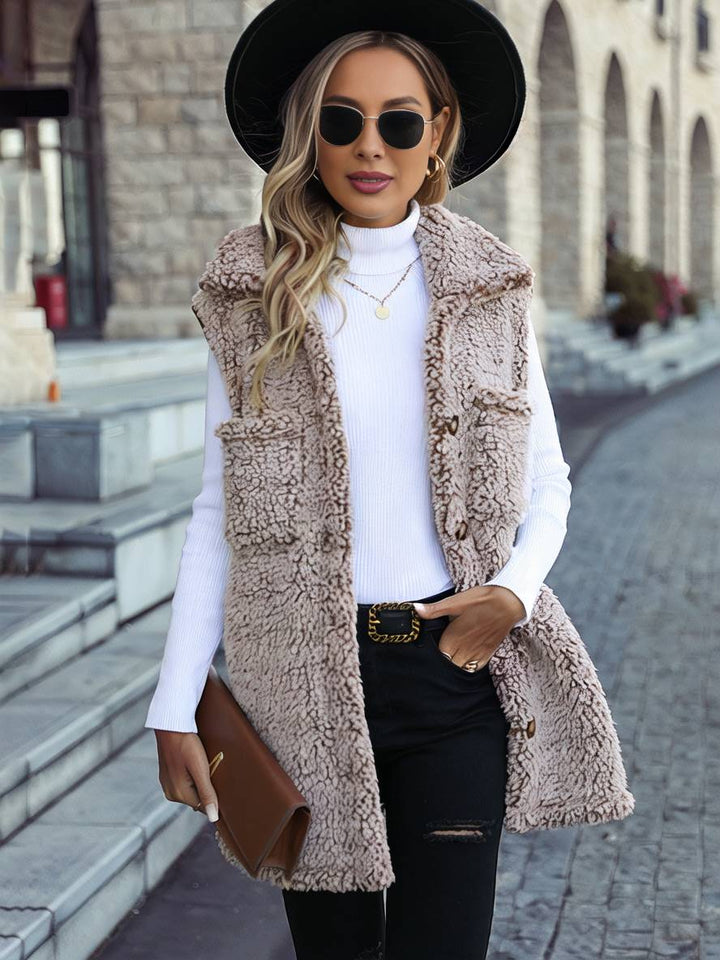 Levoire | Midi-Long Manteau En Polaire Uni Avec Poches À Bouton, Col Revers Sans Manches Pour Femmes, Gilet Décontracté Café