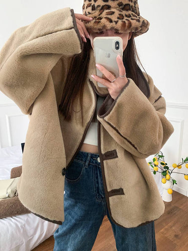 Levoire | Manteau En Polaire Bouton Poches Col Montant Manches Longues Femmes Élégant Décontracté Surdimensionné Hiver Veste