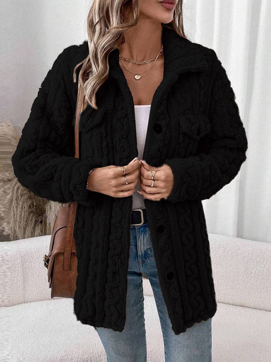 Levoire | Manteau En Polaire À Boutons Avec Poches À Col Revers À Manches Longues Pour Femmes Élégant Décontracté Veste De Loisirs Noir