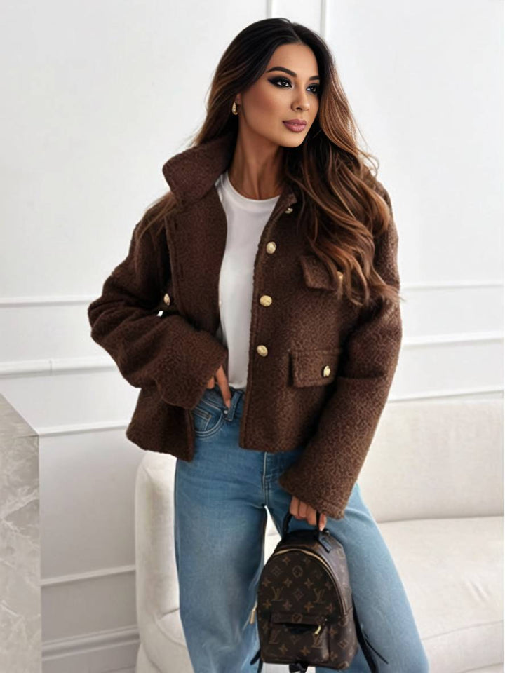 Levoire | Manteau Court Avec Poches À Boutons En Polaire Revers Manches Longues Femme Veste Décontractée Vintage