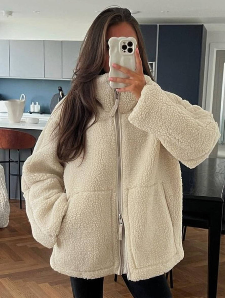 Levoire | Veste En Polaire Avec Col Roulé Fermeture Éclair Poches Manches Longues Mode De Loisirs Pour Femmes Manteau Beige