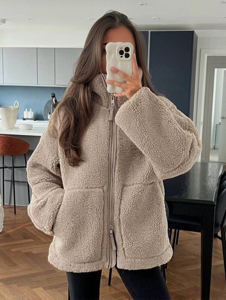 Levoire | Veste En Polaire Avec Col Roulé Fermeture Éclair Poches Manches Longues Mode De Loisirs Pour Femmes Manteau Khaki