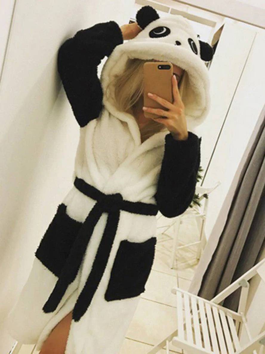 Levoire | Panda Animal Fleece Hooded Robe With Ears Belt Cute Women Winter Pajama Dress Blanc