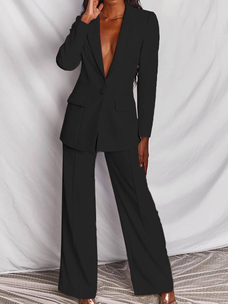 Levoire | Blazer Bureau Deux Pièces Boutons Poches Col Revers Manches Longues Veste Droite Pantalon Femme Élégant Costume Style Noir