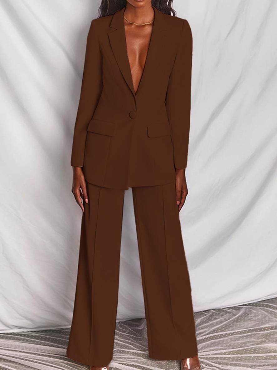 Levoire | Blazer Bureau Deux Pièces Boutons Poches Col Revers Manches Longues Veste Droite Pantalon Femme Élégant Costume Style