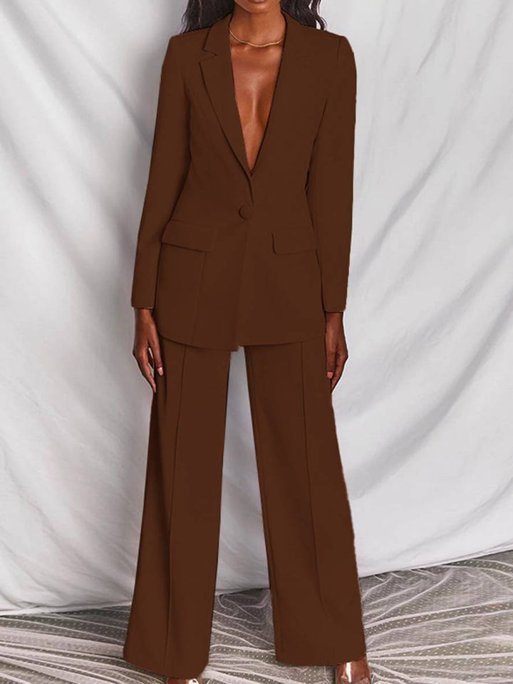 Levoire | Blazer Bureau Deux Pièces Boutons Poches Col Revers Manches Longues Veste Droite Pantalon Femme Élégant Costume Style
