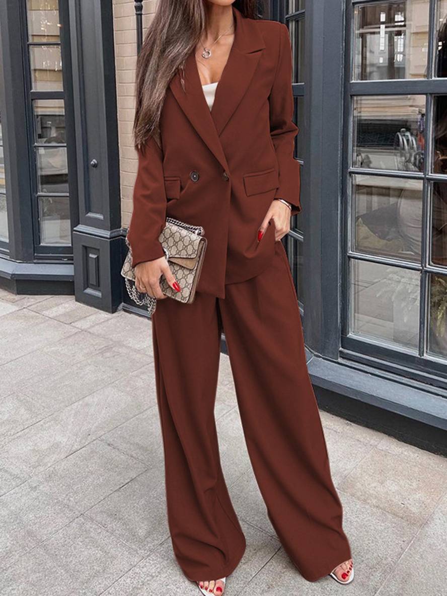Levoire | Costumes Pour Femmes Tailleur Pantalon Blazer Deux Pièces Bureau Avec Boutons Élégants Oversize Automne Café