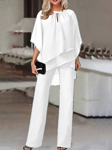 Levoire | Ensembles À Deux Pièces Col Rond Manches Chauve-Souris Hauts Irréguliers Pantalon Droit Femme Décontracté Loose Tenue De Mariage