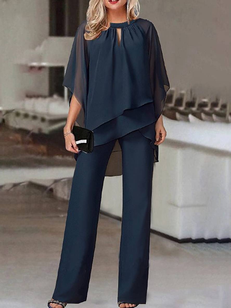 Levoire | Ensembles À Deux Pièces Col Rond Manches Chauve-Souris Hauts Irréguliers Pantalon Droit Femme Décontracté Loose Tenue De Mariage Marine