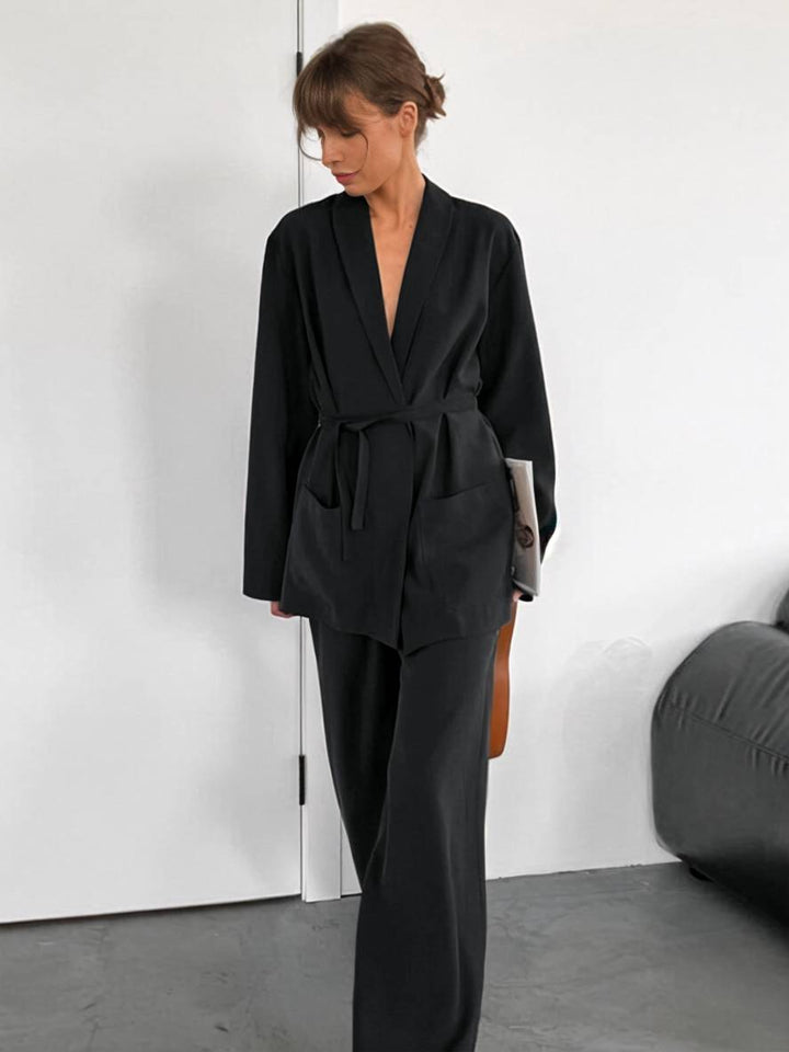 Levoire | Tenues Avec Pantalon Décolleté En V Ceinture Poches Blazer Femme Élégant Décontracté Deux Pièces