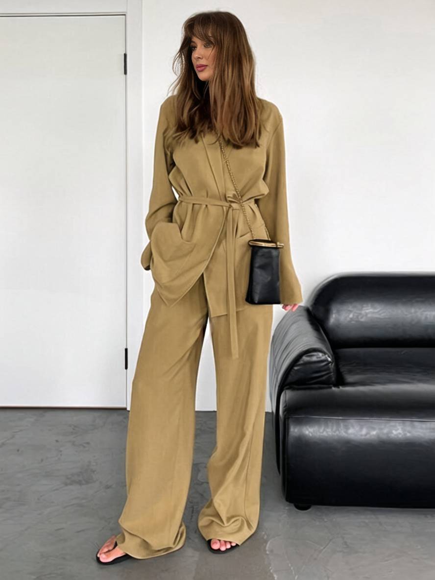 Levoire | Tenues Avec Pantalon Décolleté En V Ceinture Poches Blazer Femme Élégant Décontracté Deux Pièces Khaki