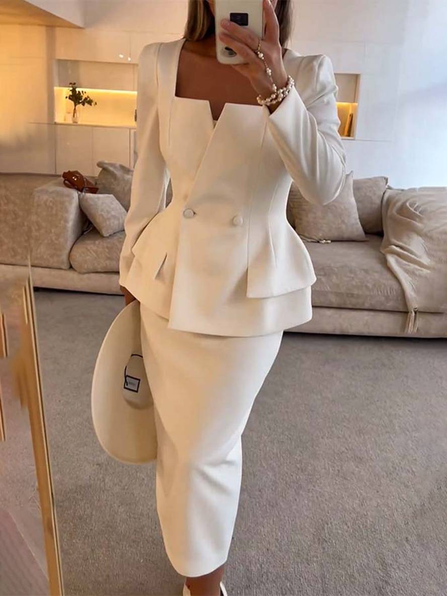Levoire | Blazer À Col Carré Avec Boutons Et Poches À Manches Longues Avec Jupe Pour Femmes Élégant Décontracté Deux Pièces Bureau