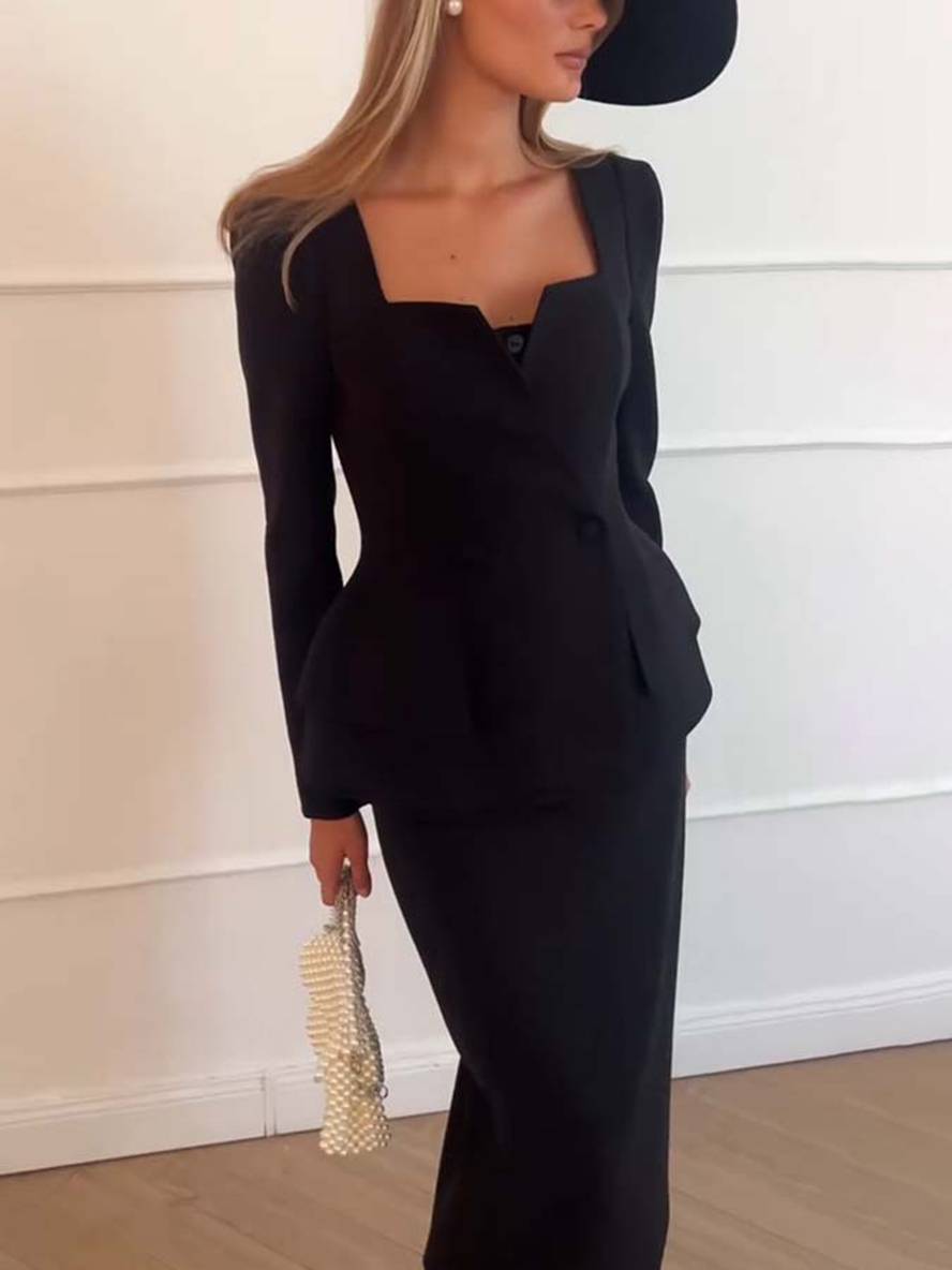 Levoire | Blazer À Col Carré Avec Boutons Et Poches À Manches Longues Avec Jupe Pour Femmes Élégant Décontracté Deux Pièces Bureau Noir
