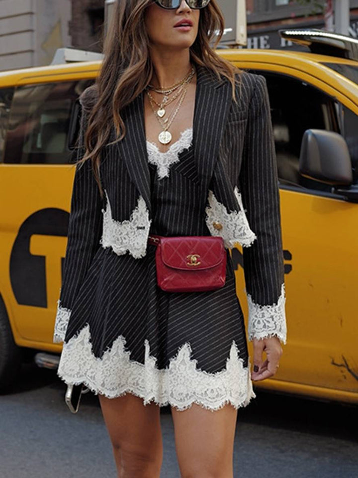 Levoire | Ensemble De Costume Pour Femme Blazer À Rayures Avec Décolleté En V Et Fines Bretelles Robe Mini Mode Élégante Deux Pièces Noir