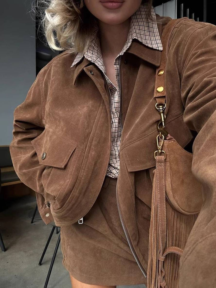 Levoire | Ensemble Femme Veste Courte En Suède À Revers Poches Jupe Élégante Décontractée Vêtements Deux Pièces