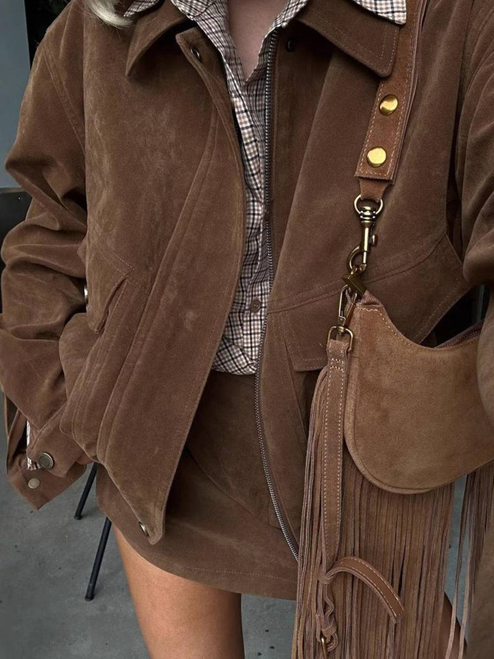 Levoire | Ensemble Femme Veste Courte En Suède À Revers Poches Jupe Élégante Décontractée Vêtements Deux Pièces