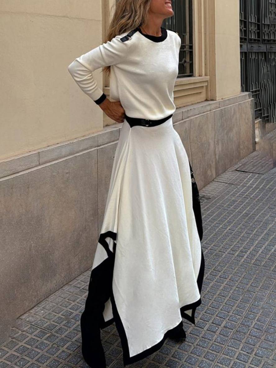 Levoire | Encolure Ronde Ensemble Manches Longues Pull Irrégulier Trapèze Jupe Longue Élégante Vintage Décontractée Deux Pièces Blanc