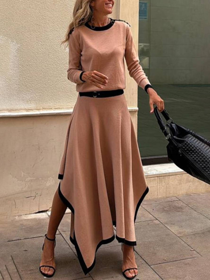 Levoire | Encolure Ronde Ensemble Manches Longues Pull Irrégulier Trapèze Jupe Longue Élégante Vintage Décontractée Deux Pièces Braun