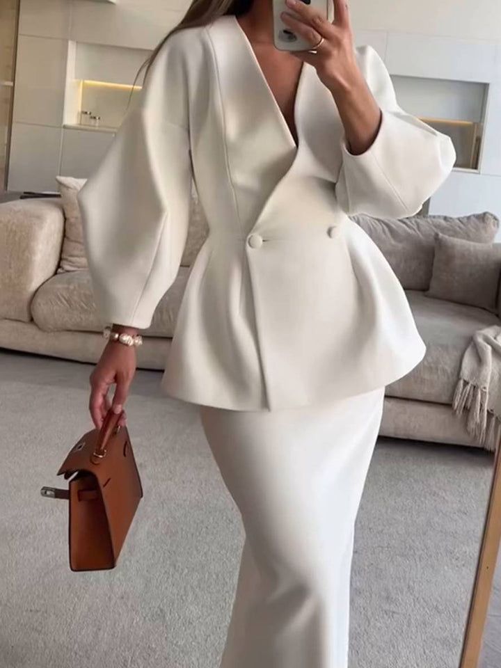 Levoire | Ensembles Blazer Avec Jupe Décolleté En V Boutons Manches Bouffantes Manches Longues Veste Pour Femmes Élégante Vintage Deux Pièces