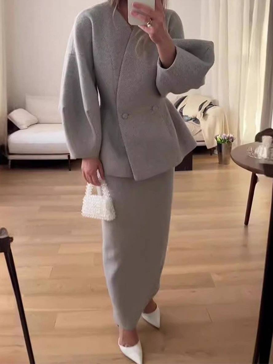 Levoire | Ensembles Blazer Avec Jupe Décolleté En V Boutons Manches Bouffantes Manches Longues Veste Pour Femmes Élégante Vintage Deux Pièces