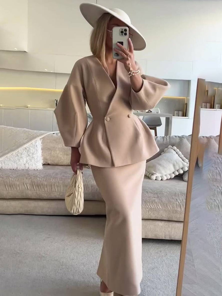 Levoire | Ensembles Blazer Avec Jupe Décolleté En V Boutons Manches Bouffantes Manches Longues Veste Pour Femmes Élégante Vintage Deux Pièces Abricot