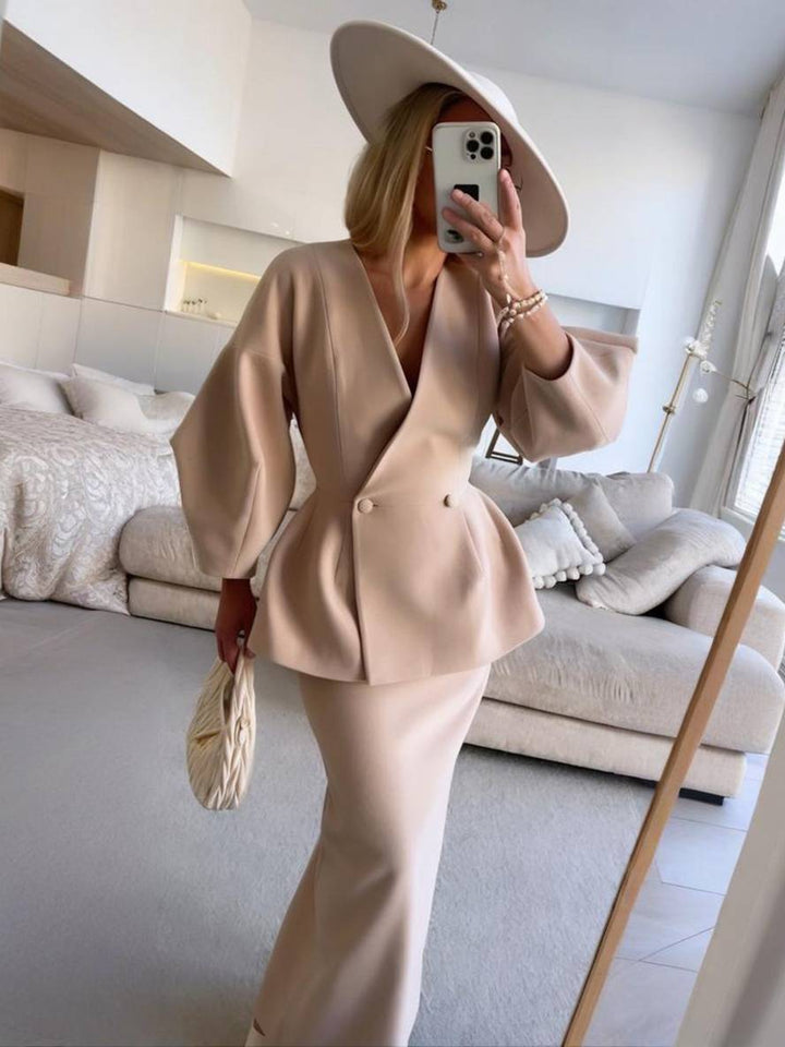 Levoire | Ensembles Blazer Avec Jupe Décolleté En V Boutons Manches Bouffantes Manches Longues Veste Pour Femmes Élégante Vintage Deux Pièces