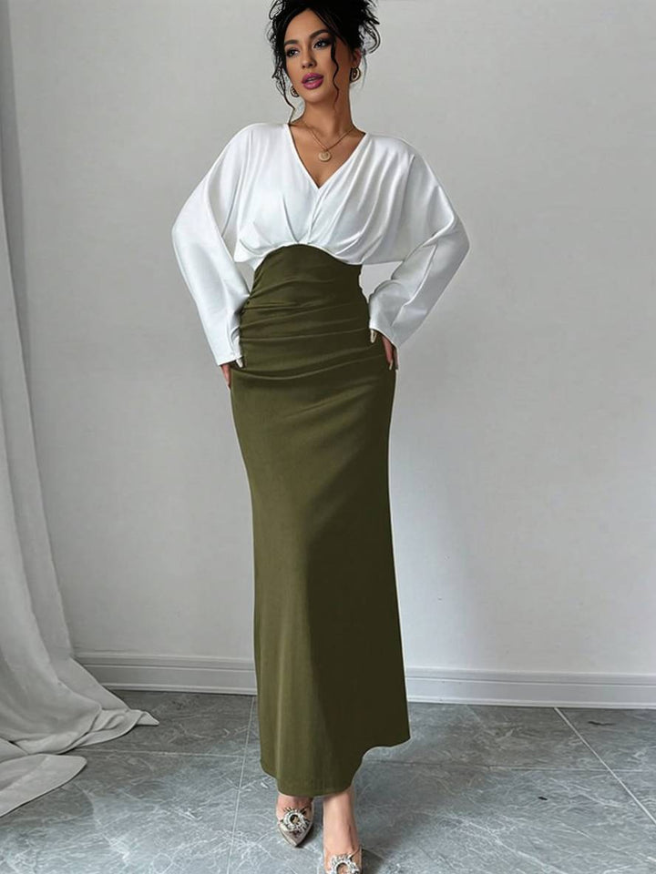 Levoire | Robe De Bureau À Col En V Ajustée À La Silhouette À Manches Longues Style Décontracté Deux Pièces Olive