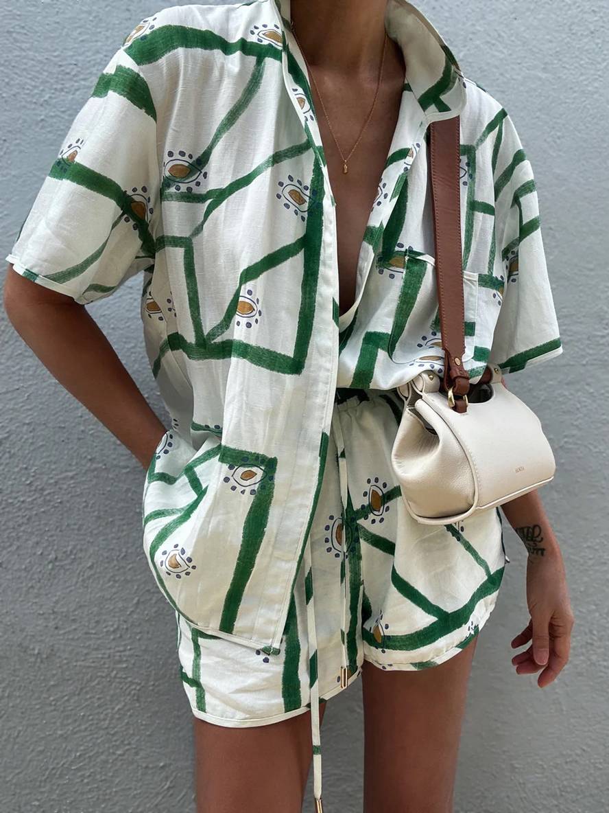 Levoire | Ensemble Chemise Boutonnée Imprimée Fleurs Col Manches Courtes Femme Décontractée Lâche Loisirs Deux Pièces Vert