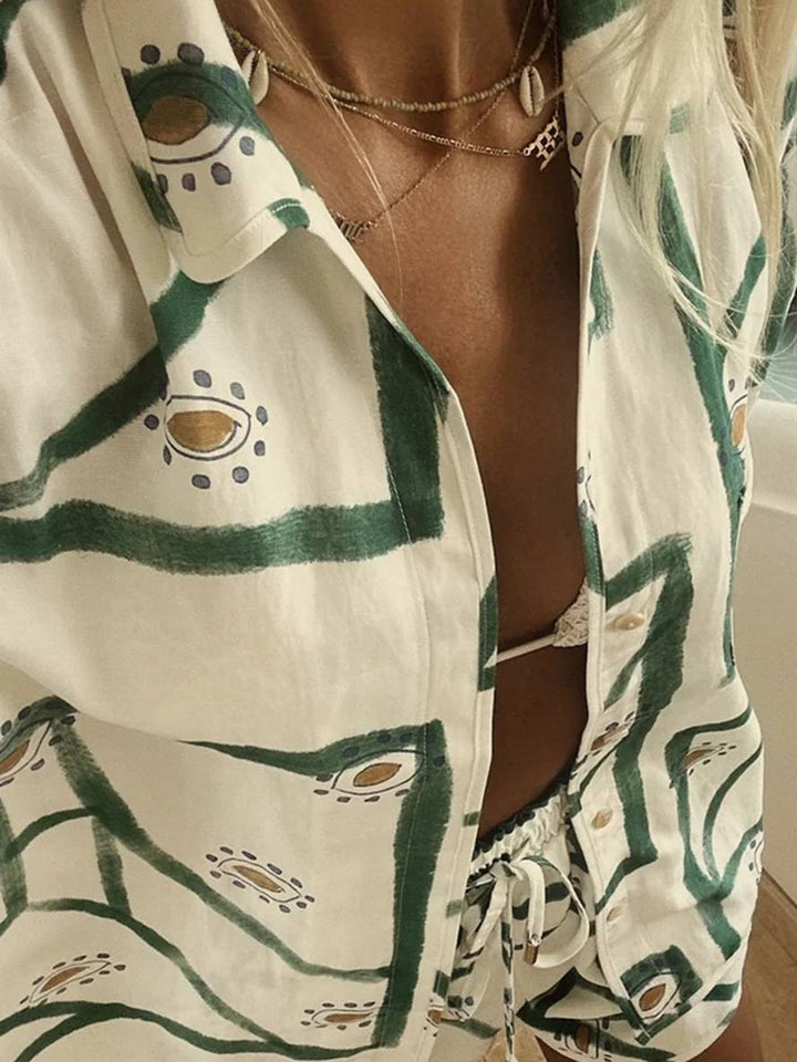 Levoire | Ensemble Chemise Boutonnée Imprimée Fleurs Col Manches Courtes Femme Décontractée Lâche Loisirs Deux Pièces